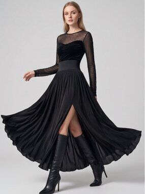 Black Pleated Maxi Skirt: Dramatic Slit, Flowy High Waist and Lettuce Hem
